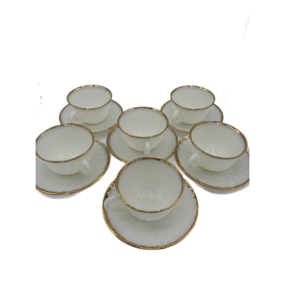 VINTAGE FIRE KING WHITE MILK GLASS SWIRL TEA CUPS SAUCERS GOLD TRIM-set of 3